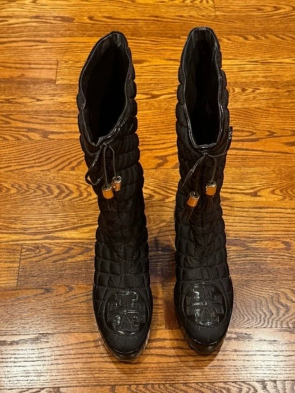 Tory Burch Black Gigi Nylon Quilted Tall wedge boots brown logo size 10 like new